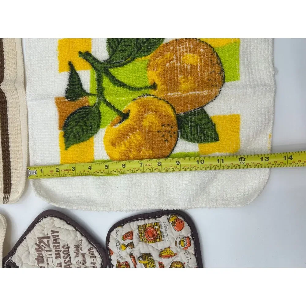 VTG 70s Kitchen Towel 17 pc Lot Mushroom Owl Retro Vegetable Linens Fabric Flaw